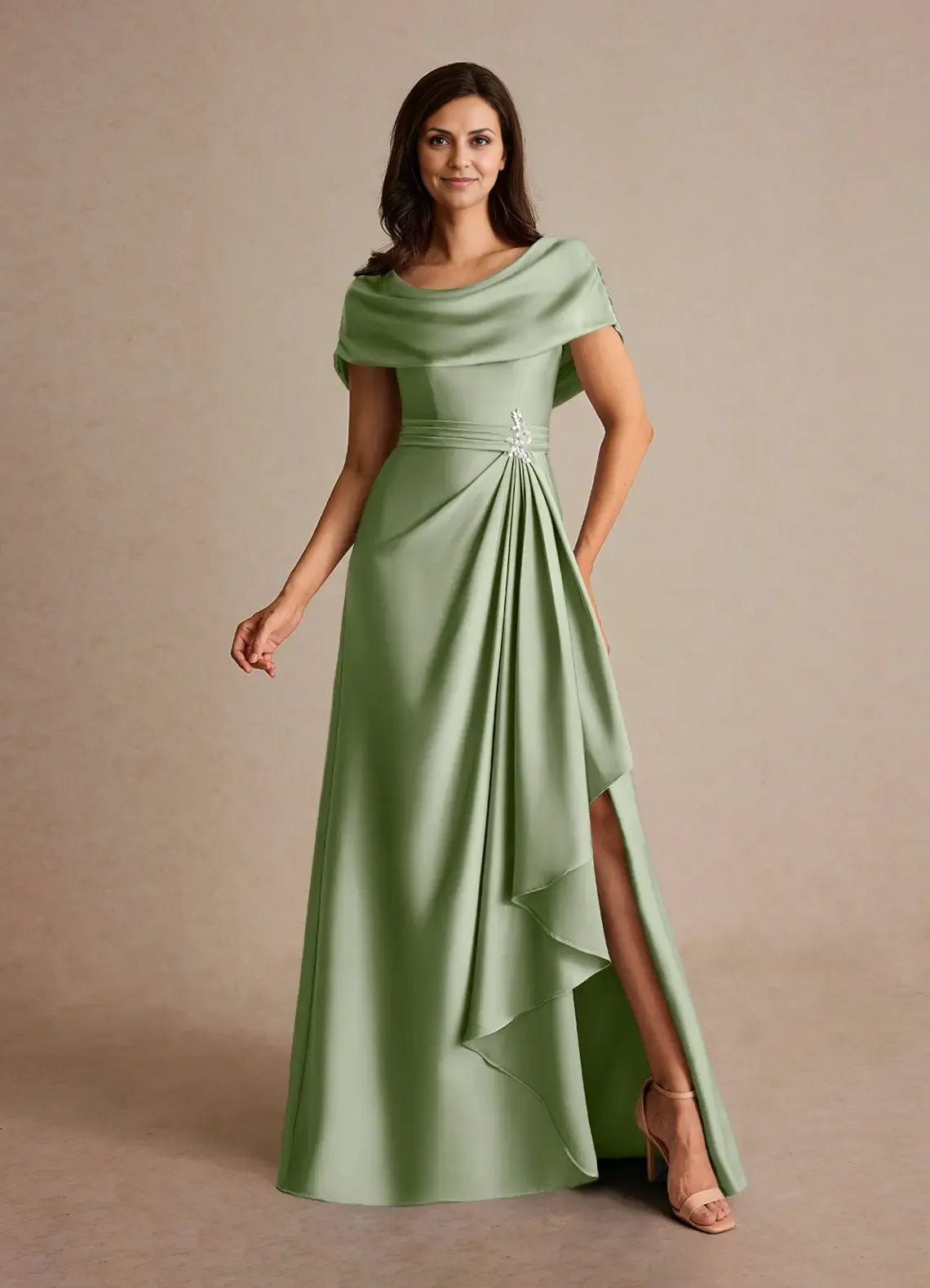 Timeless Chic Elegant Satin A-Line Cowl Pleated Mother of the Bride Dress