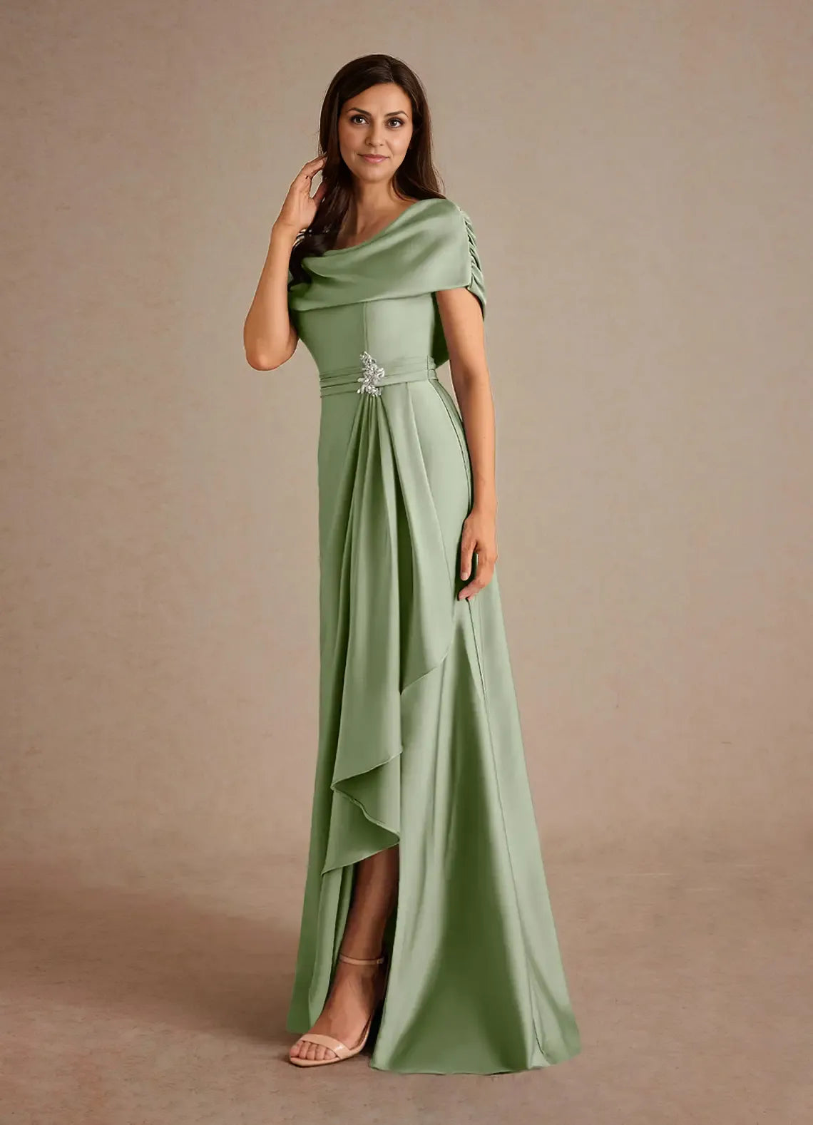 Timeless Chic Elegant Satin A-Line Cowl Pleated Mother of the Bride Dress