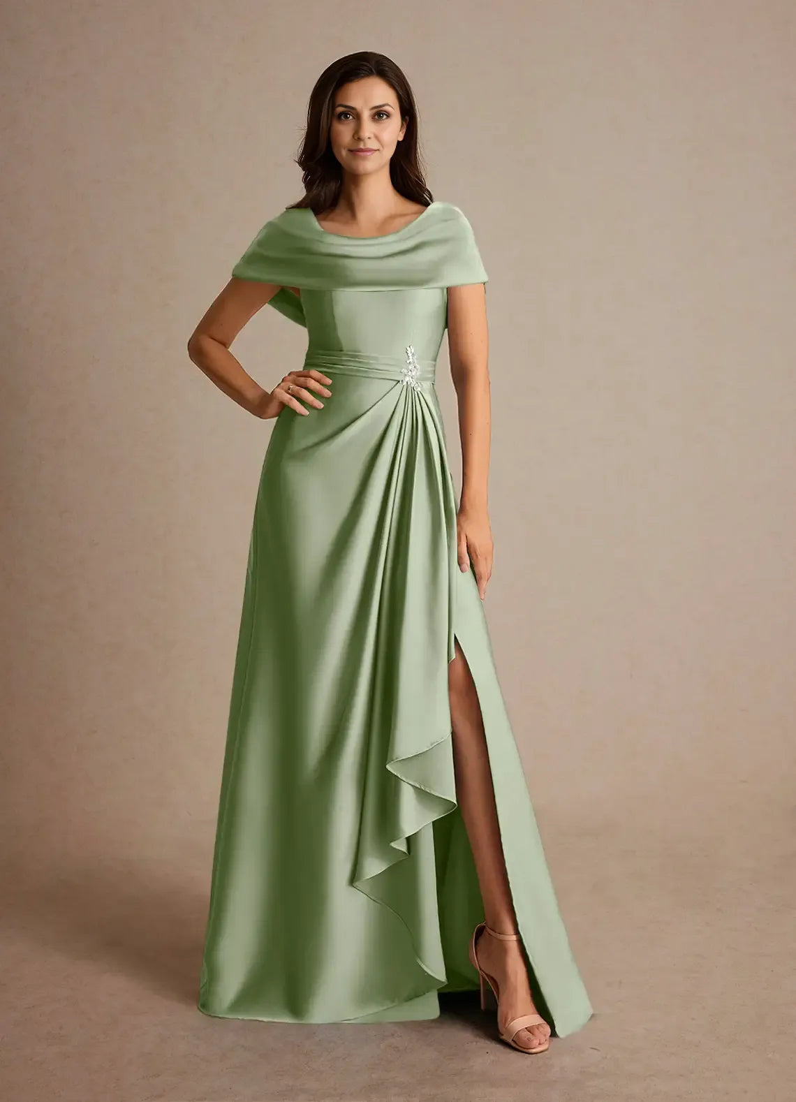 Timeless Chic Elegant Satin A-Line Cowl Pleated Mother of the Bride Dress