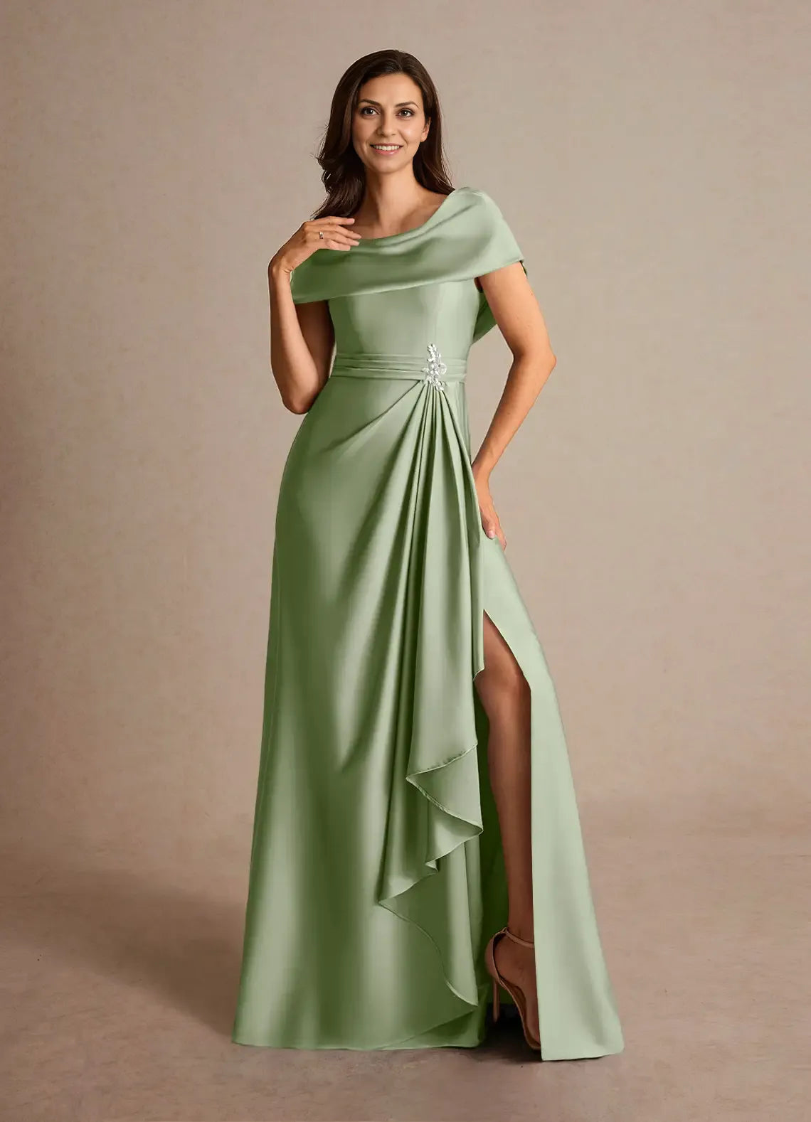 Timeless Chic Elegant Satin A-Line Cowl Pleated Mother of the Bride Dress