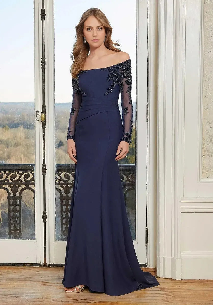 Elegant Lace Mermaid Off-The-Shoulder Long Sleeve Long Mother of the Bride Dress