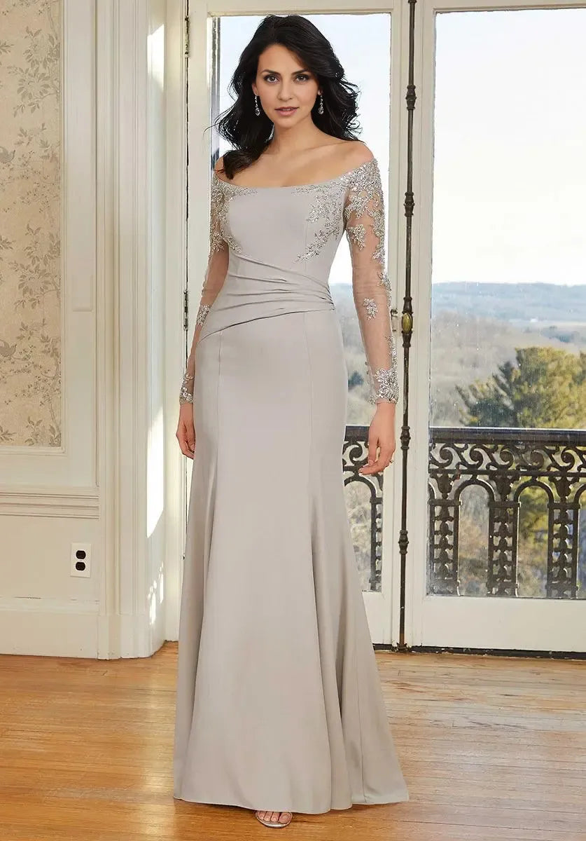 Elegant Lace Mermaid Off-The-Shoulder Long Sleeve Long Mother of the Bride Dress