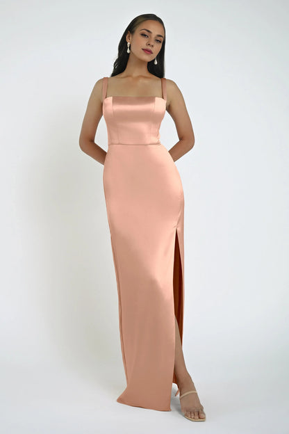 Timeless Special Occasion Sophisticated Elegant Satin Sheath Square Neck Sleeveless Prom Dress