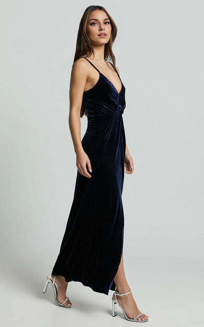 Sophisticated Graceful Stylish Refined Beautiful Timeless Elegant Velvet Sleeveless Midi Evening Dress