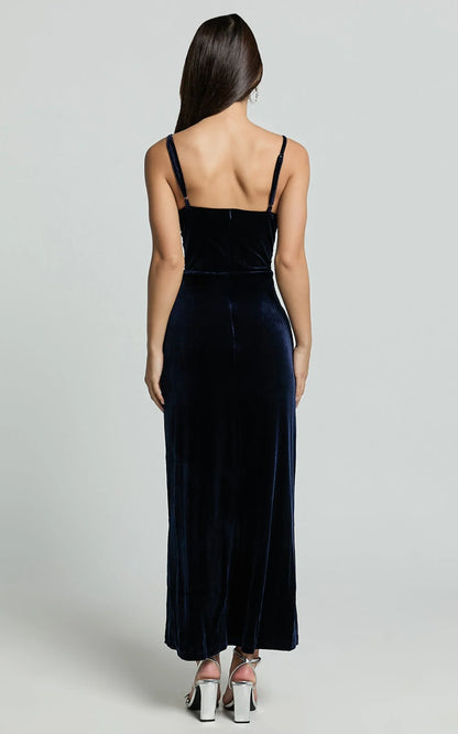 Sophisticated Graceful Stylish Refined Beautiful Timeless Elegant Velvet Sleeveless Midi Evening Dress
