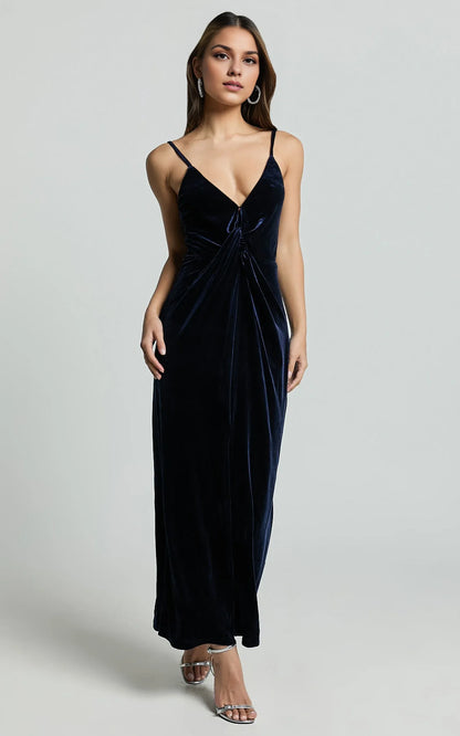 Sophisticated Graceful Stylish Refined Beautiful Timeless Elegant Velvet Sleeveless Midi Evening Dress