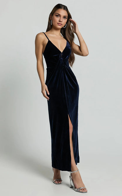 Sophisticated Graceful Stylish Refined Beautiful Timeless Elegant Velvet Sleeveless Midi Evening Dress