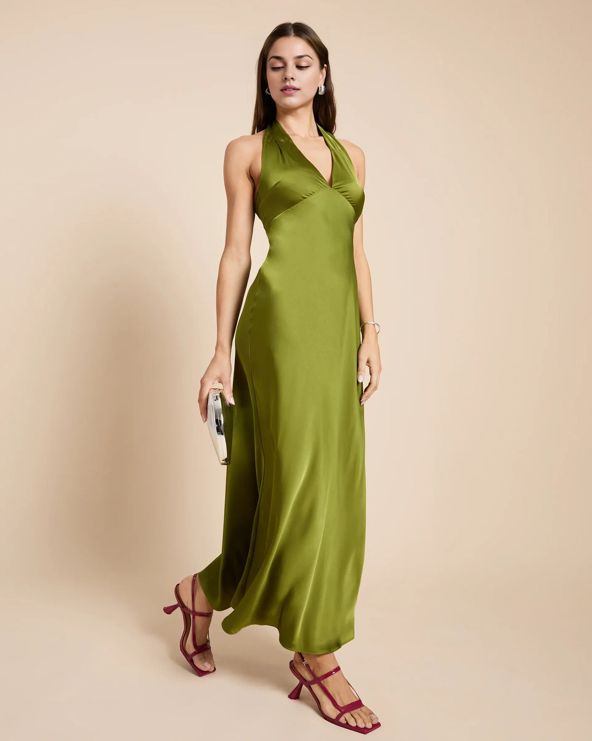 Timeless Special Occasion Sophisticated Graceful Elegant Satin Sheath Halter Sleeveless Evening Dress