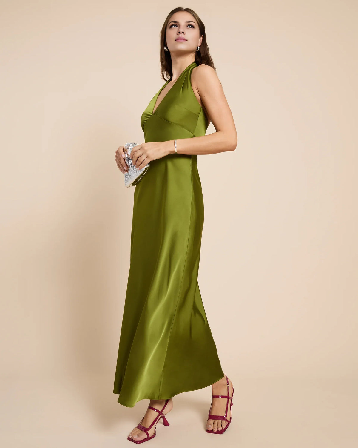 Timeless Special Occasion Sophisticated Graceful Elegant Satin Sheath Halter Sleeveless Evening Dress