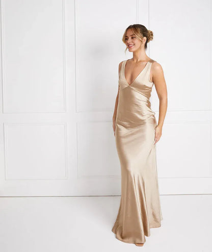 Special Occasion Sophisticated Graceful Stylish Refined Beautiful Timeless Elegant Champagne Satin Bridesmaid Dress