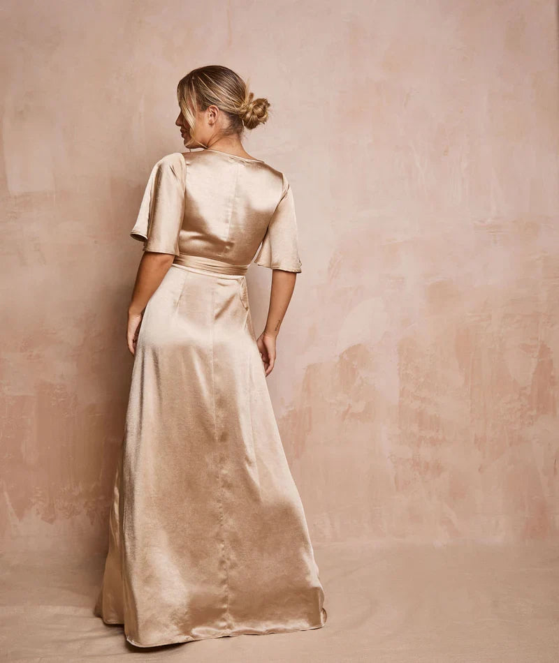 Special Occasion Sophisticated Graceful Stylish Refined Beautiful Elegant Champagne Satin Bridesmaid Dress