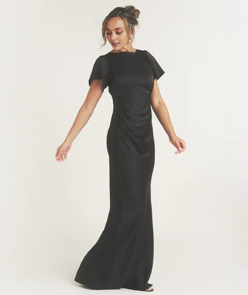 Timeless Special Occasion Sophisticated Graceful Stylish Elegant Black Satin Pleated Bridesmaid Dress