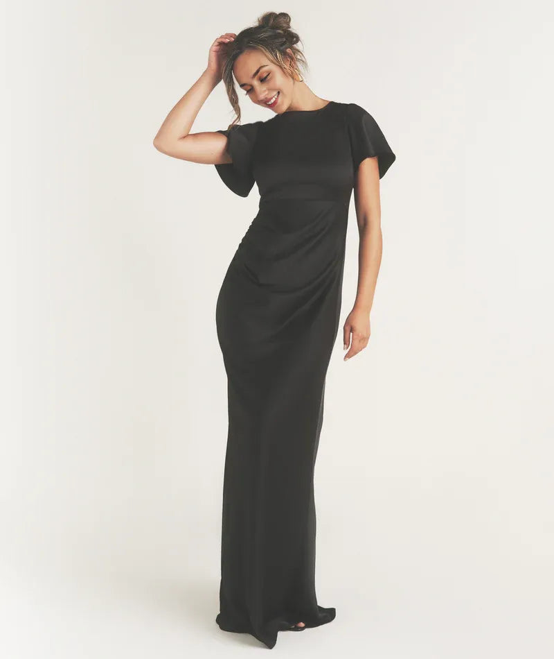 Timeless Special Occasion Sophisticated Graceful Stylish Elegant Black Satin Pleated Bridesmaid Dress
