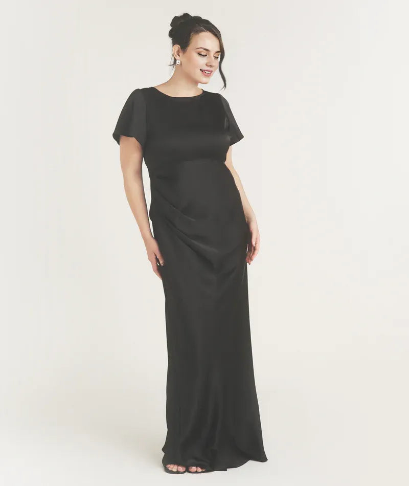 Timeless Special Occasion Sophisticated Graceful Stylish Elegant Black Satin Pleated Bridesmaid Dress