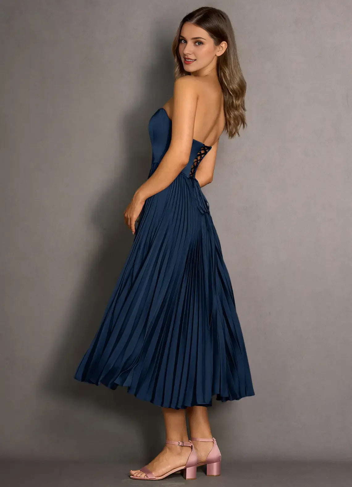 Stylish Refined Beautiful Timeless Chic Elegant Lace Strapless Sleeveless Tea-Length Prom Dress