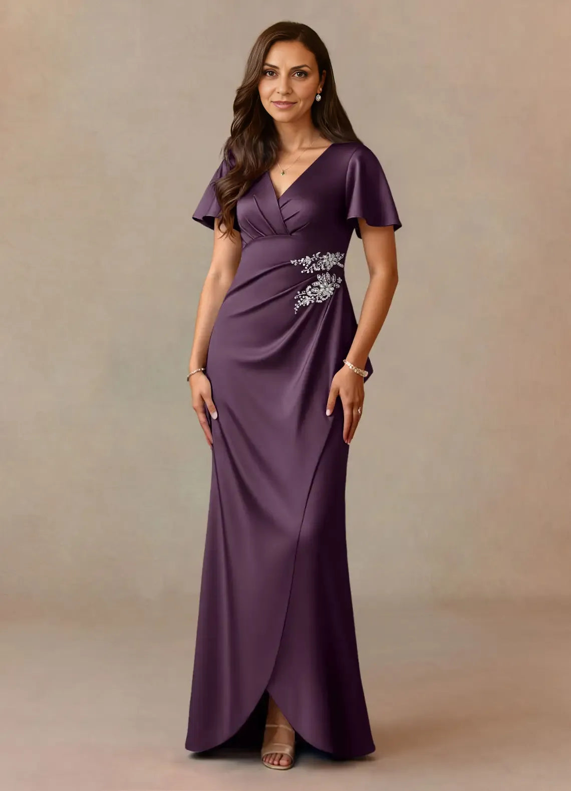 Elegant Dusty Rose Satin A-Line V-Neck Pleated Floor-Length Mother of the Bride Dress