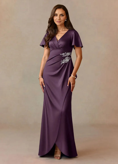 Elegant Dusty Rose Satin A-Line V-Neck Pleated Floor-Length Mother of the Bride Dress