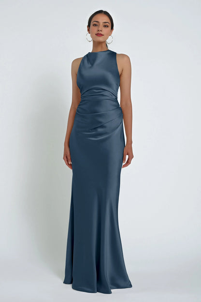 Special Occasion Sophisticated Elegant Satin Sheath High Neck Sleeveless Floor-Length Bridesmaid Dress