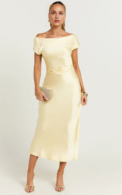 Stylish Refined Beautiful Elegant Satin Sheath Cowl Short Sleeve Midi Evening Dress