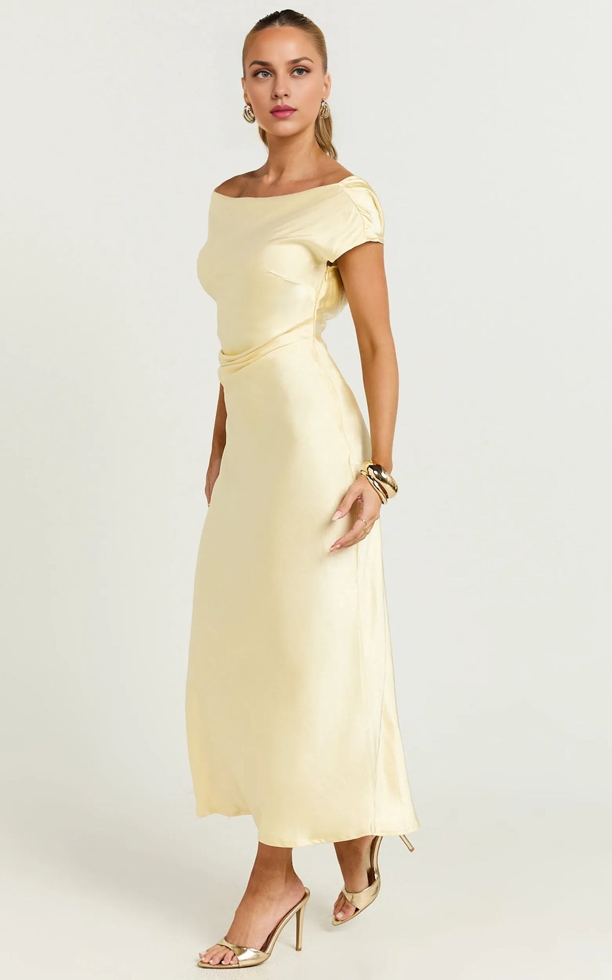 Stylish Refined Beautiful Elegant Satin Sheath Cowl Short Sleeve Midi Evening Dress