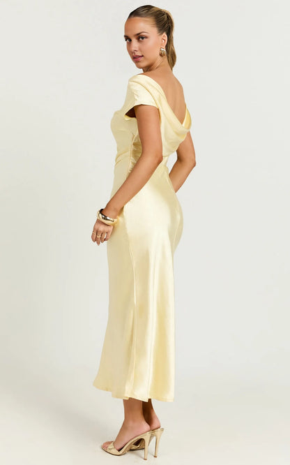 Stylish Refined Beautiful Elegant Satin Sheath Cowl Short Sleeve Midi Evening Dress