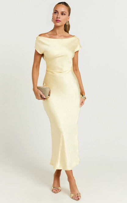 Stylish Refined Beautiful Elegant Satin Sheath Cowl Short Sleeve Midi Evening Dress