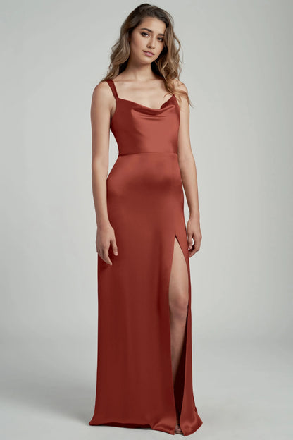 Special Occasion Sophisticated Graceful Elegant Satin Sheath Cowl Open Back Floor-Length Bridesmaid Dress