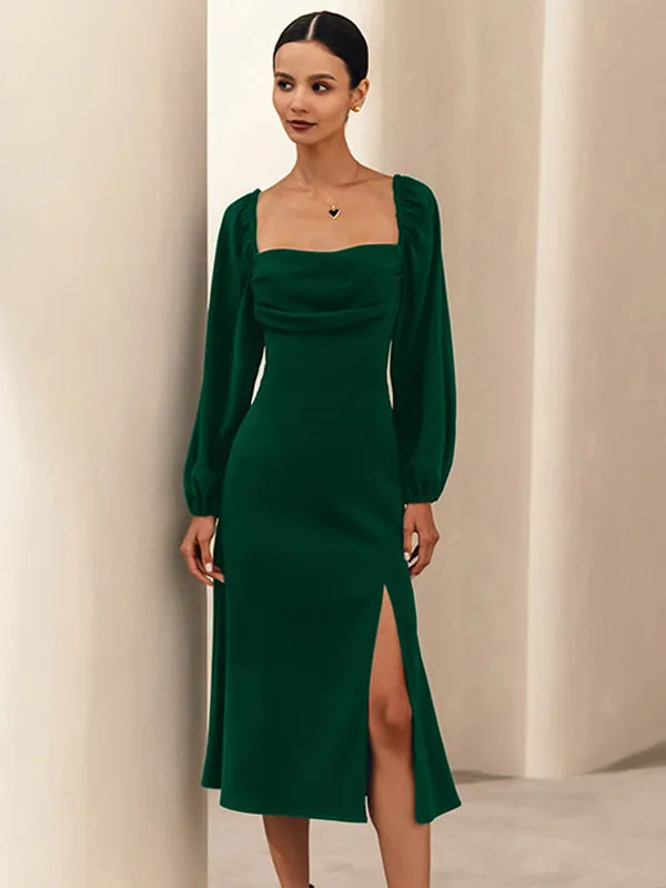 Stylish Refined Beautiful Timeless Elegant Lace Square Neck Lace-Up Midi Prom Dress