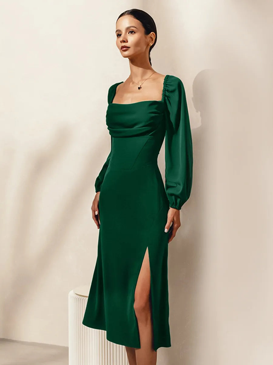 Stylish Refined Beautiful Timeless Elegant Lace Square Neck Lace-Up Midi Prom Dress