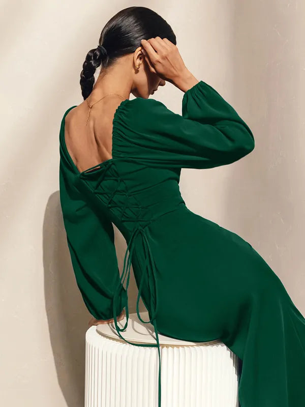Stylish Refined Beautiful Timeless Elegant Lace Square Neck Lace-Up Midi Prom Dress