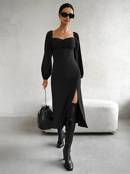Stylish Refined Beautiful Timeless Elegant Lace Square Neck Lace-Up Midi Prom Dress
