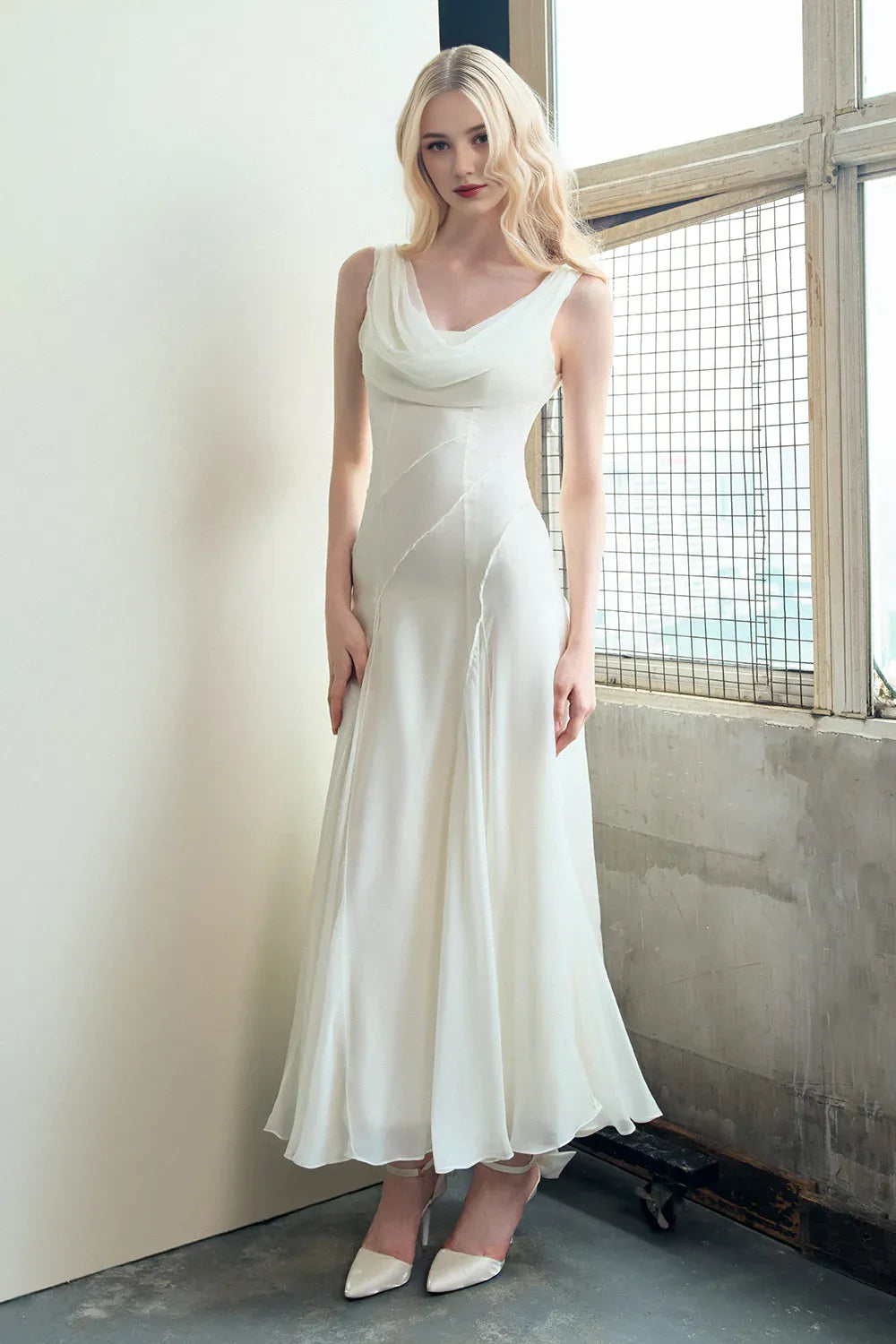 Special Occasion Sophisticated Graceful Stylish Refined Elegant White Sheath Cowl Sleeveless Prom Dress