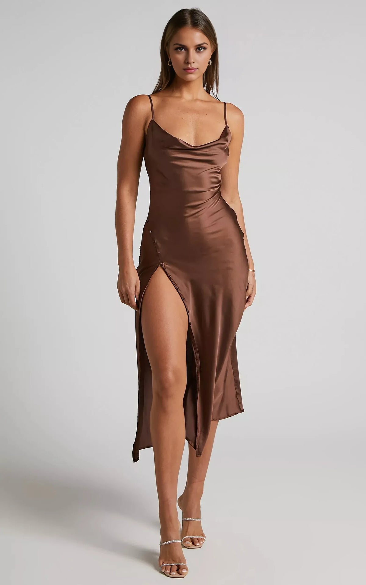 Special Occasion Sophisticated Graceful Stylish Refined Elegant Cowl Sleeveless Midi Evening Dress