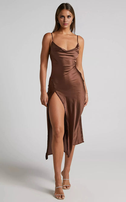 Special Occasion Sophisticated Graceful Stylish Refined Elegant Cowl Sleeveless Midi Evening Dress