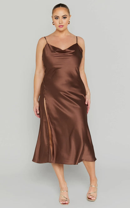 Special Occasion Sophisticated Graceful Stylish Refined Elegant Cowl Sleeveless Midi Evening Dress
