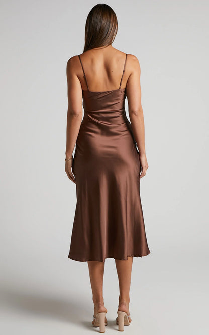 Special Occasion Sophisticated Graceful Stylish Refined Elegant Cowl Sleeveless Midi Evening Dress