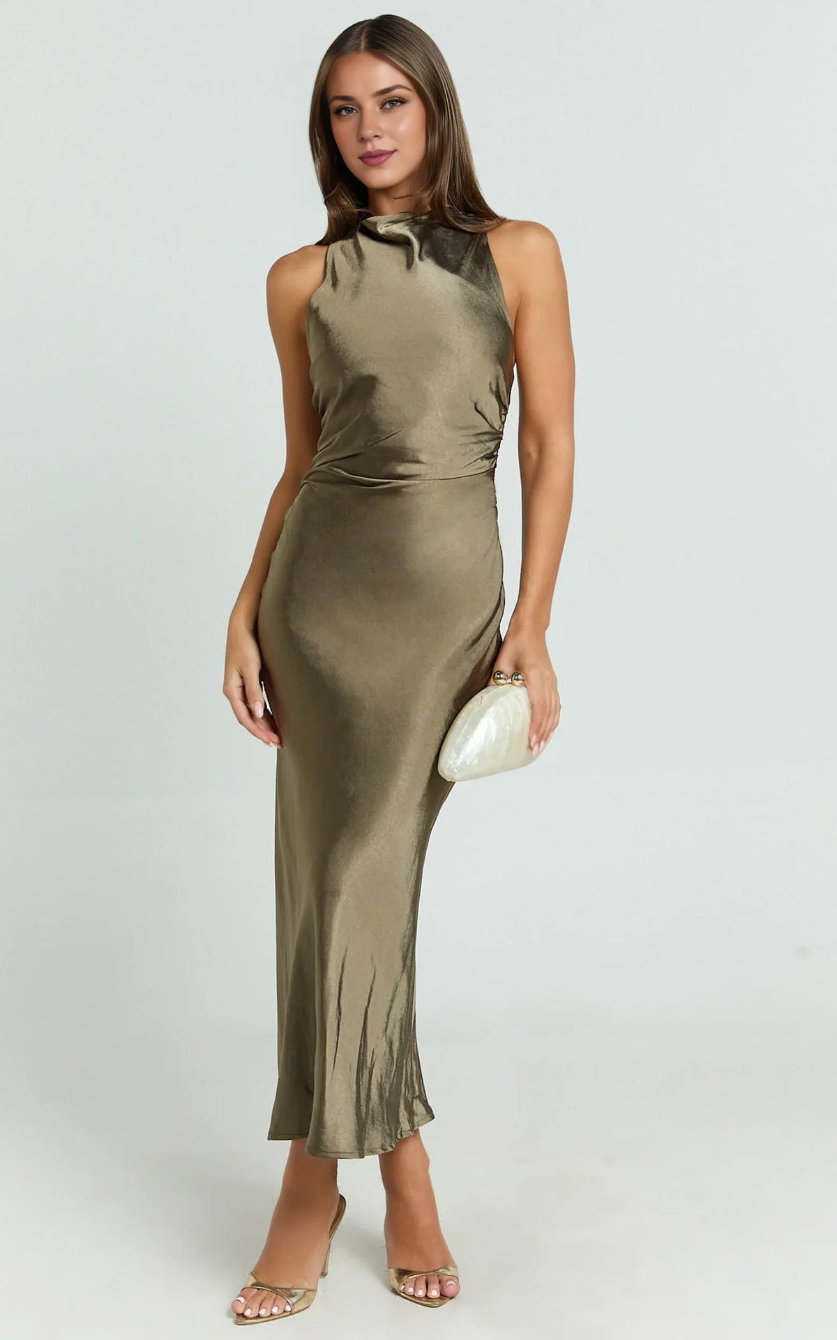 Special Occasion Sophisticated Graceful Elegant Satin High Neck Sleeveless Midi Evening Dress