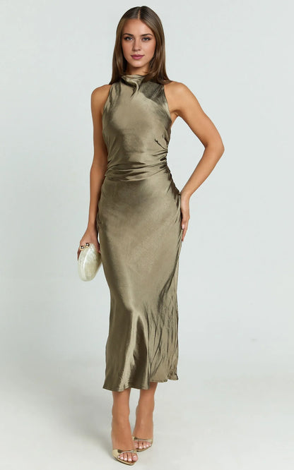 Special Occasion Sophisticated Graceful Elegant Satin High Neck Sleeveless Midi Evening Dress