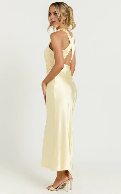 Special Occasion Sophisticated Graceful Elegant Satin High Neck Sleeveless Midi Evening Dress