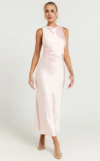 Special Occasion Sophisticated Graceful Elegant Satin High Neck Sleeveless Midi Evening Dress