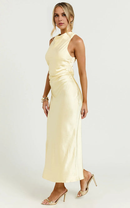 Special Occasion Sophisticated Graceful Elegant Satin High Neck Sleeveless Midi Evening Dress