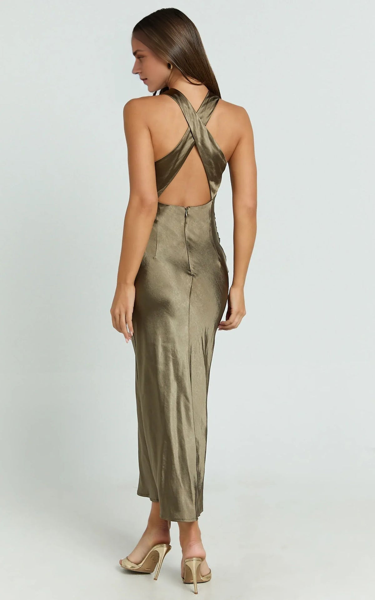 Special Occasion Sophisticated Graceful Elegant Satin High Neck Sleeveless Midi Evening Dress