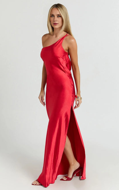 Sophisticated Graceful Stylish Refined Beautiful Elegant Red Satin Cowl Sleeveless Evening Dress