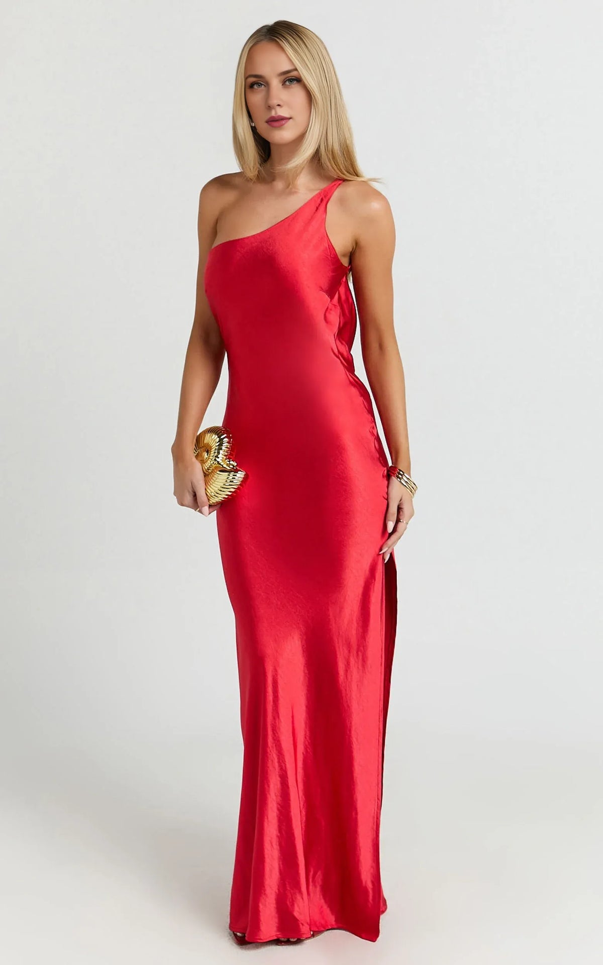 Sophisticated Graceful Stylish Refined Beautiful Elegant Red Satin Cowl Sleeveless Evening Dress