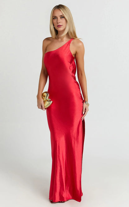 Sophisticated Graceful Stylish Refined Beautiful Elegant Red Satin Cowl Sleeveless Evening Dress