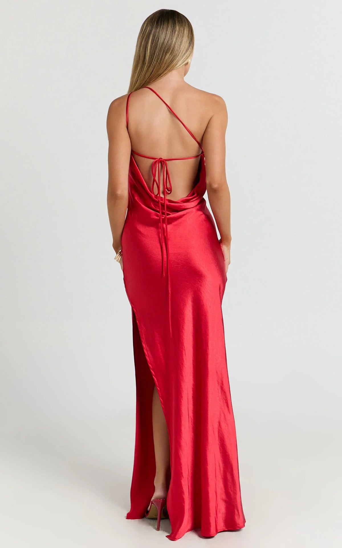 Sophisticated Graceful Stylish Refined Beautiful Elegant Red Satin Cowl Sleeveless Evening Dress