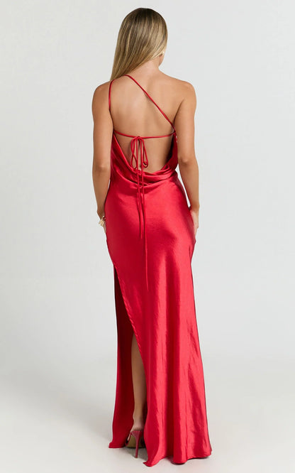 Sophisticated Graceful Stylish Refined Beautiful Elegant Red Satin Cowl Sleeveless Evening Dress