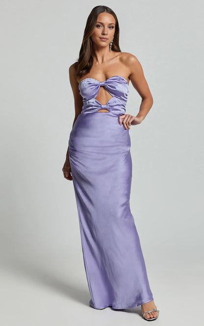 Special Occasion Sophisticated Graceful Stylish Elegant Lilac Satin Sheath Strapless Sleeveless Evening Dress