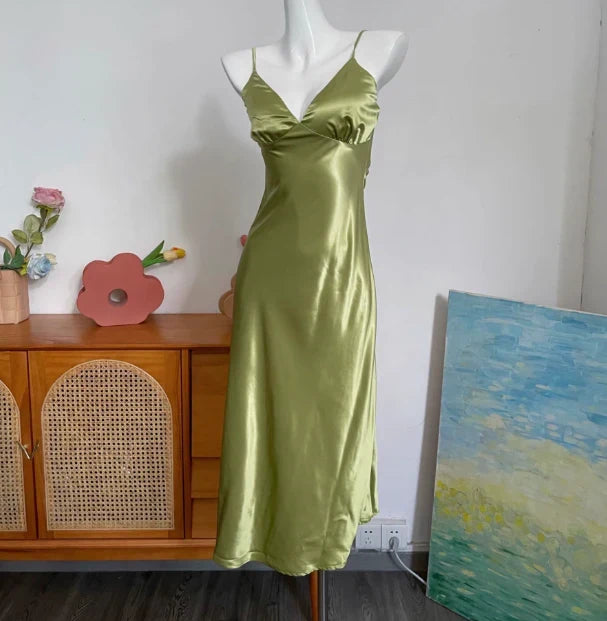 Special Occasion Sophisticated Graceful Stylish Elegant Green Satin V-Neck Sleeveless Prom Dress