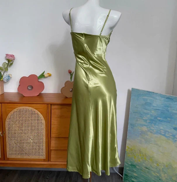 Special Occasion Sophisticated Graceful Stylish Elegant Green Satin V-Neck Sleeveless Prom Dress